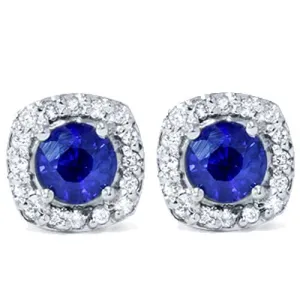 1 5/8ct Pave Halo Sapphire Diamond Studs 14K White Gold