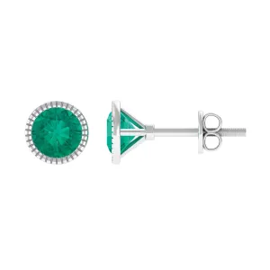 1 CT Bezel Set Round Emerald Solitaire Stud Earrings