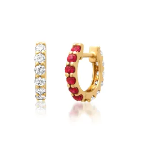 14K Gold Half & Half Ruby & Diamond Huggie Hoops Earrings