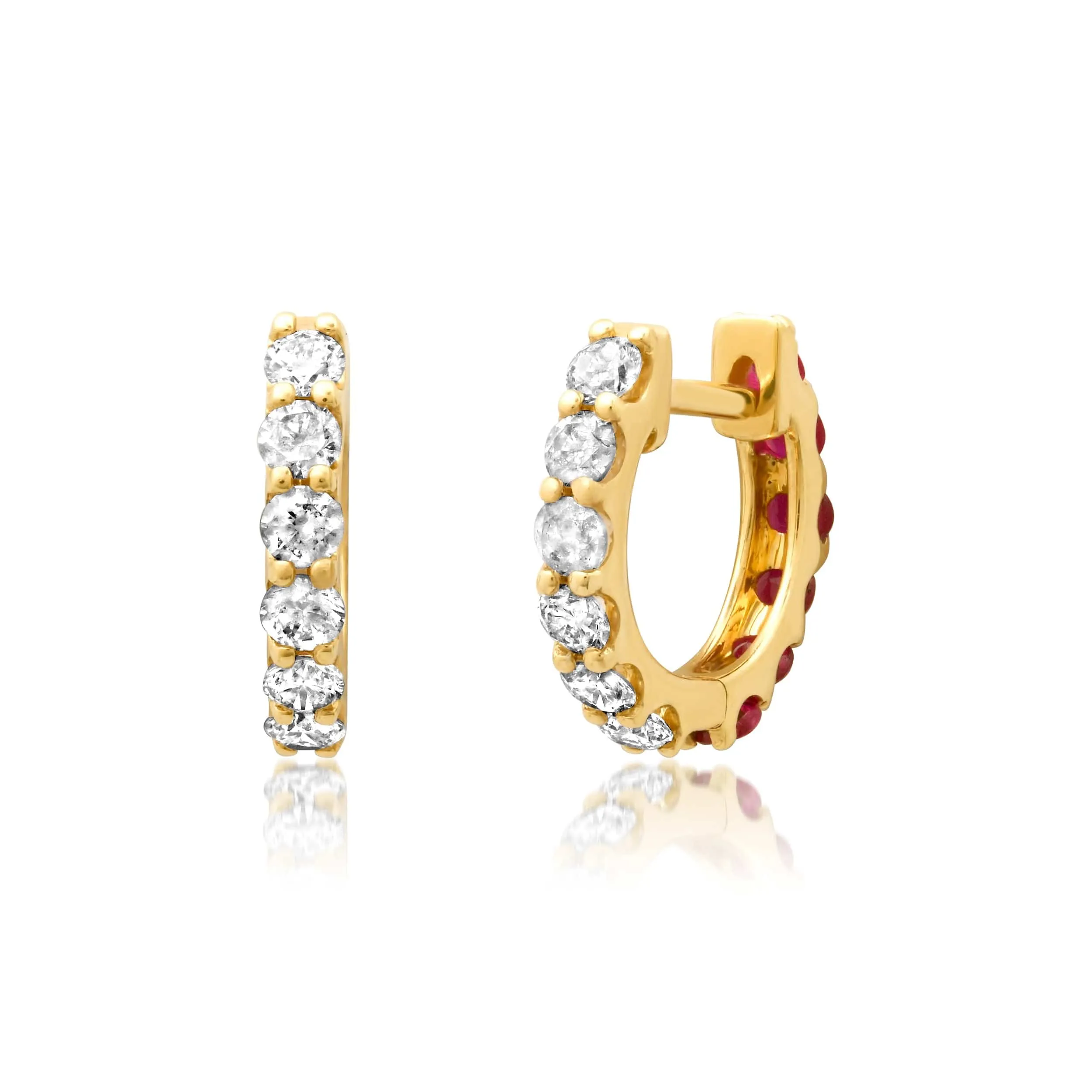 14K Gold Half & Half Ruby & Diamond Huggie Hoops Earrings