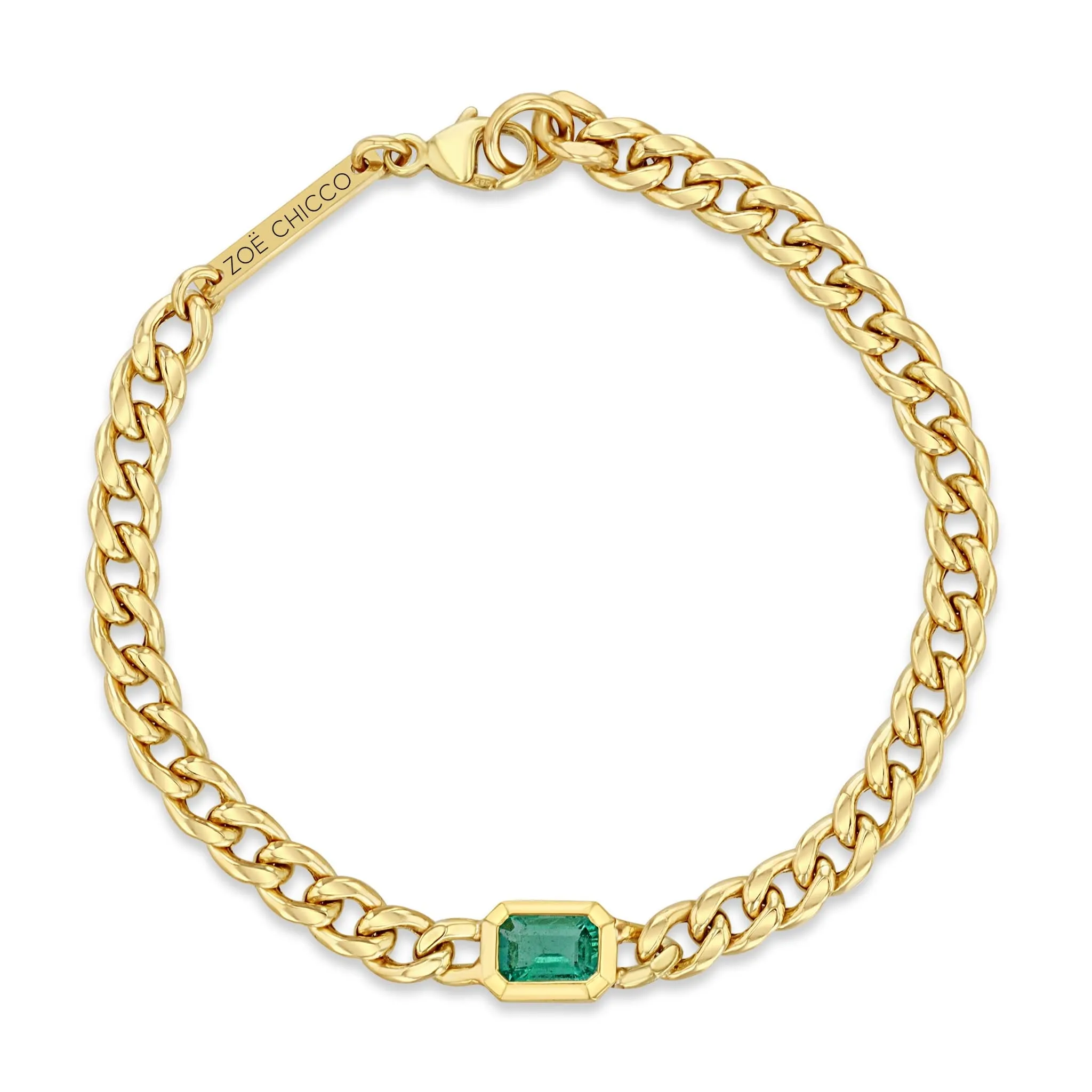 14k Medium Curb Chain Emerald Cut Emerald Bezel Bracelet