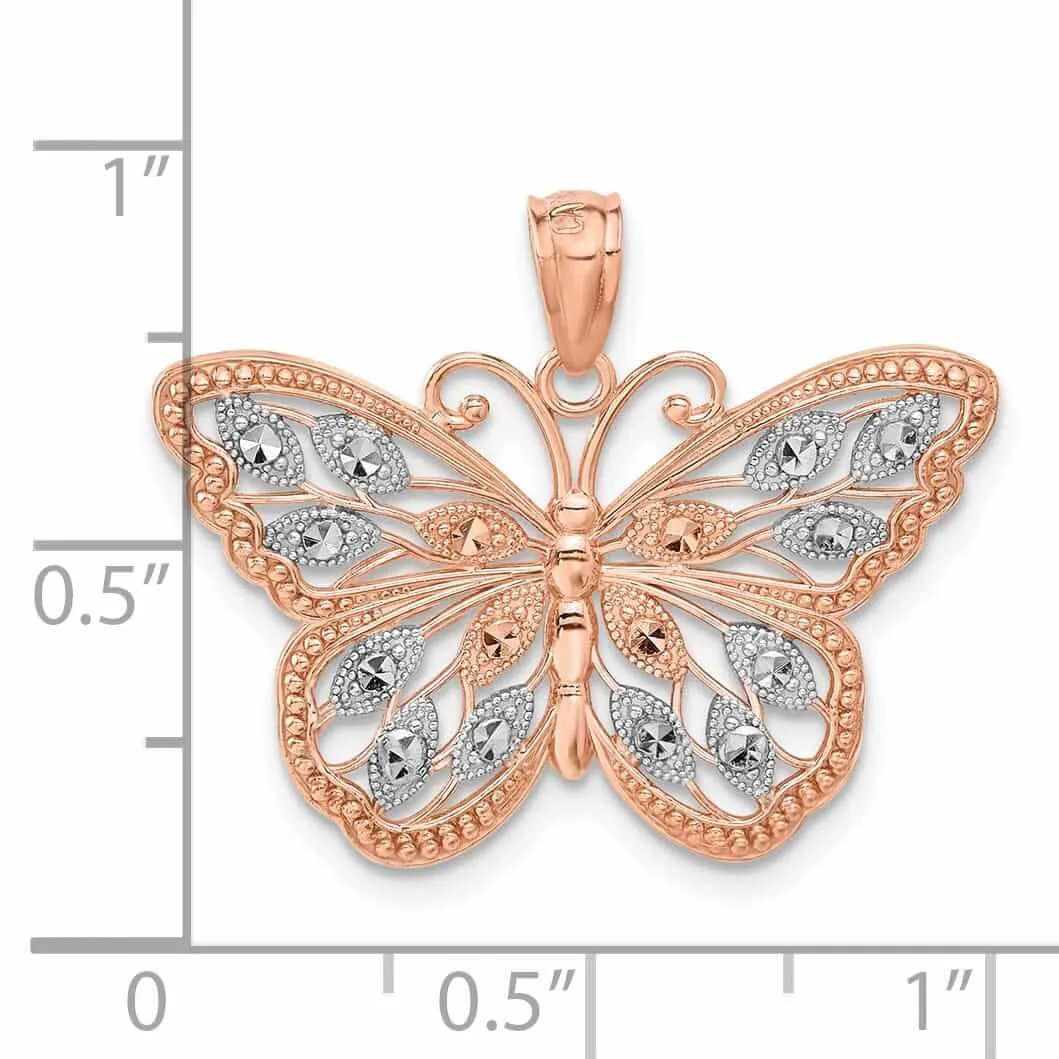 14k Rose Gold with Rhodium Textured Back Solid Casted Polished Finish Diamond-cut Butterfly Charm Pendant