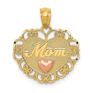 14K Two Tone Gold Polished Finish MOM Heart in Heart Design Pendant