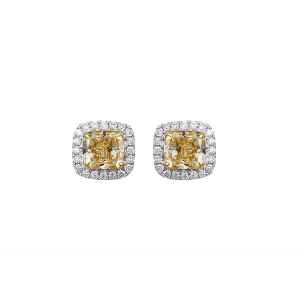 14K White and Yellow Gold Cushion Fancy Yellow Diamond Stud Earrings with Halo