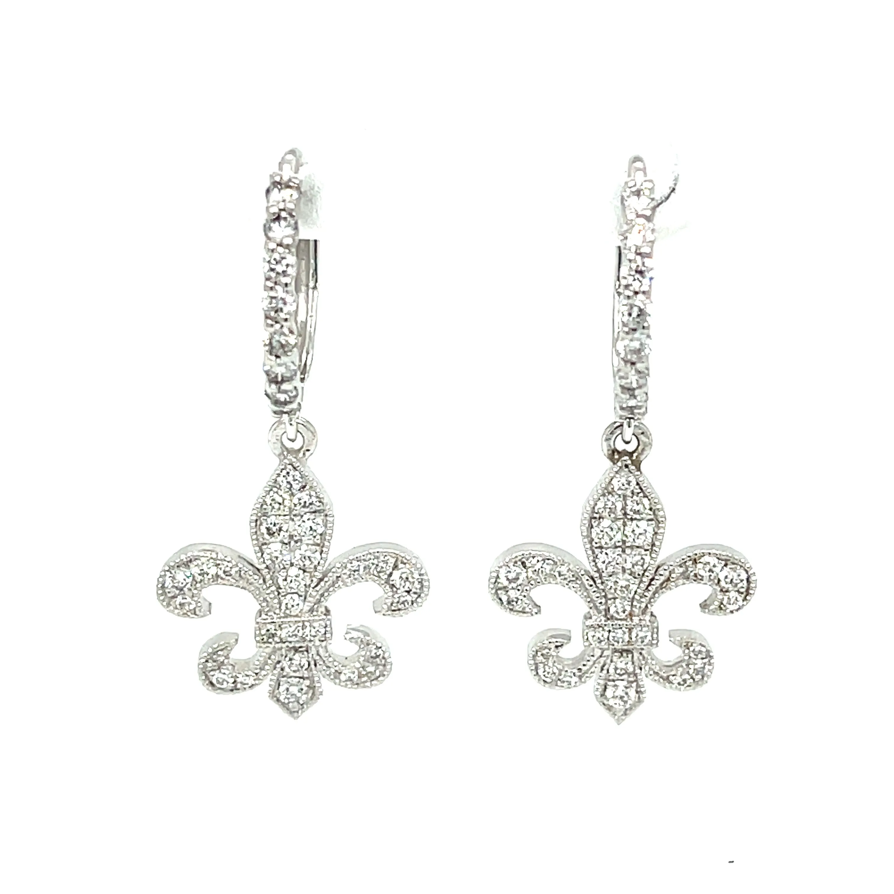 14k White Gold Diamond Mini Fleur de Lis Dangle Earrings