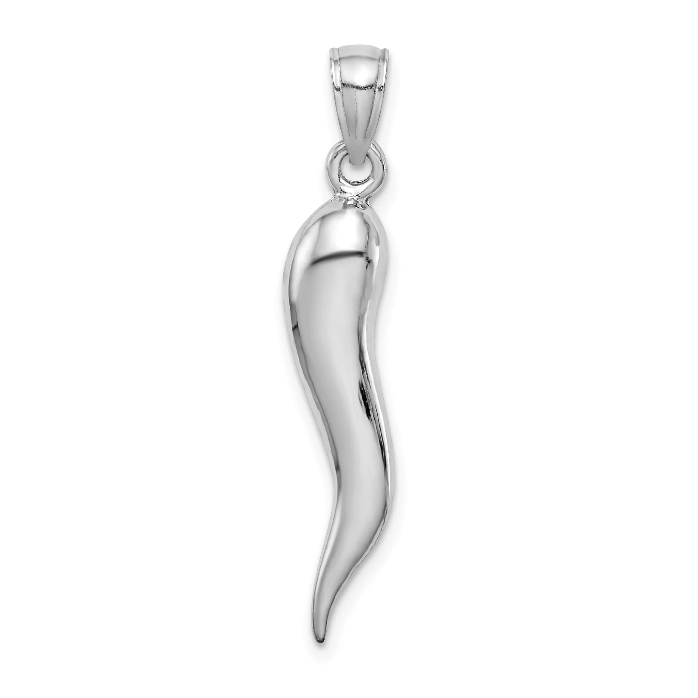 14k White Gold Solid Polished Finish Large Size 3-Dimensional Italian Horn Charm Pendant