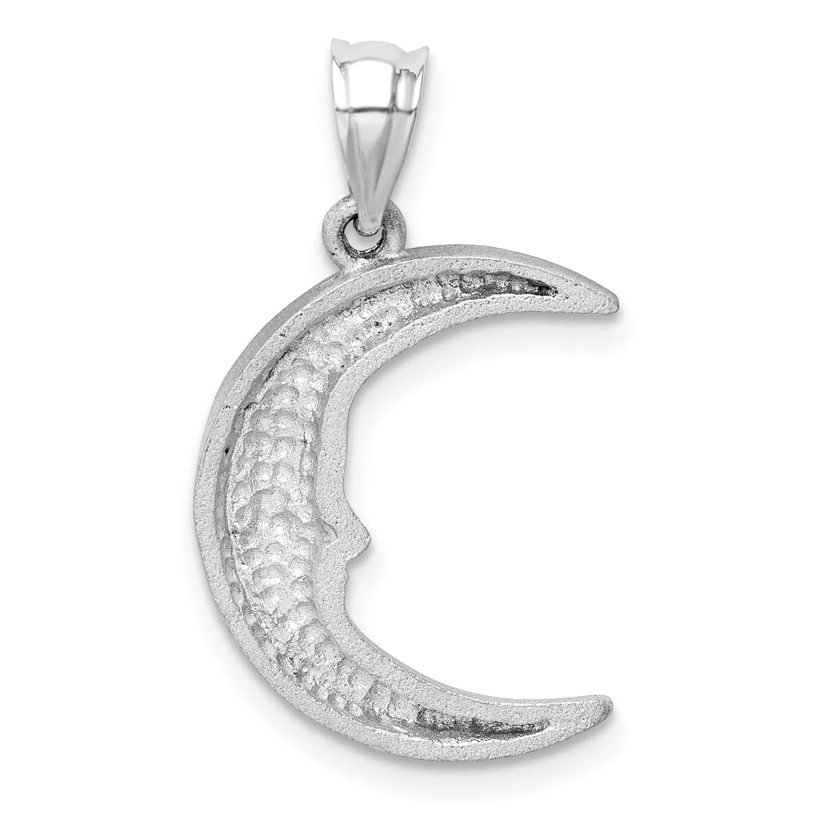 14k White Gold Solid Textured Satin Diamond Cut Polished Finish Moon with Face Design Charm Pendant