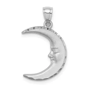 14k White Gold Solid Textured Satin Diamond Cut Polished Finish Moon with Face Design Charm Pendant