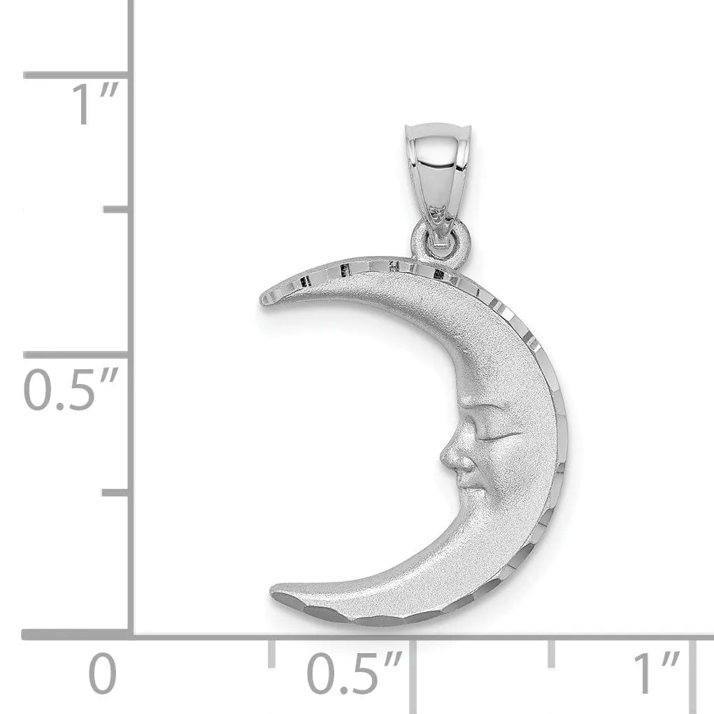 14k White Gold Solid Textured Satin Diamond Cut Polished Finish Moon with Face Design Charm Pendant