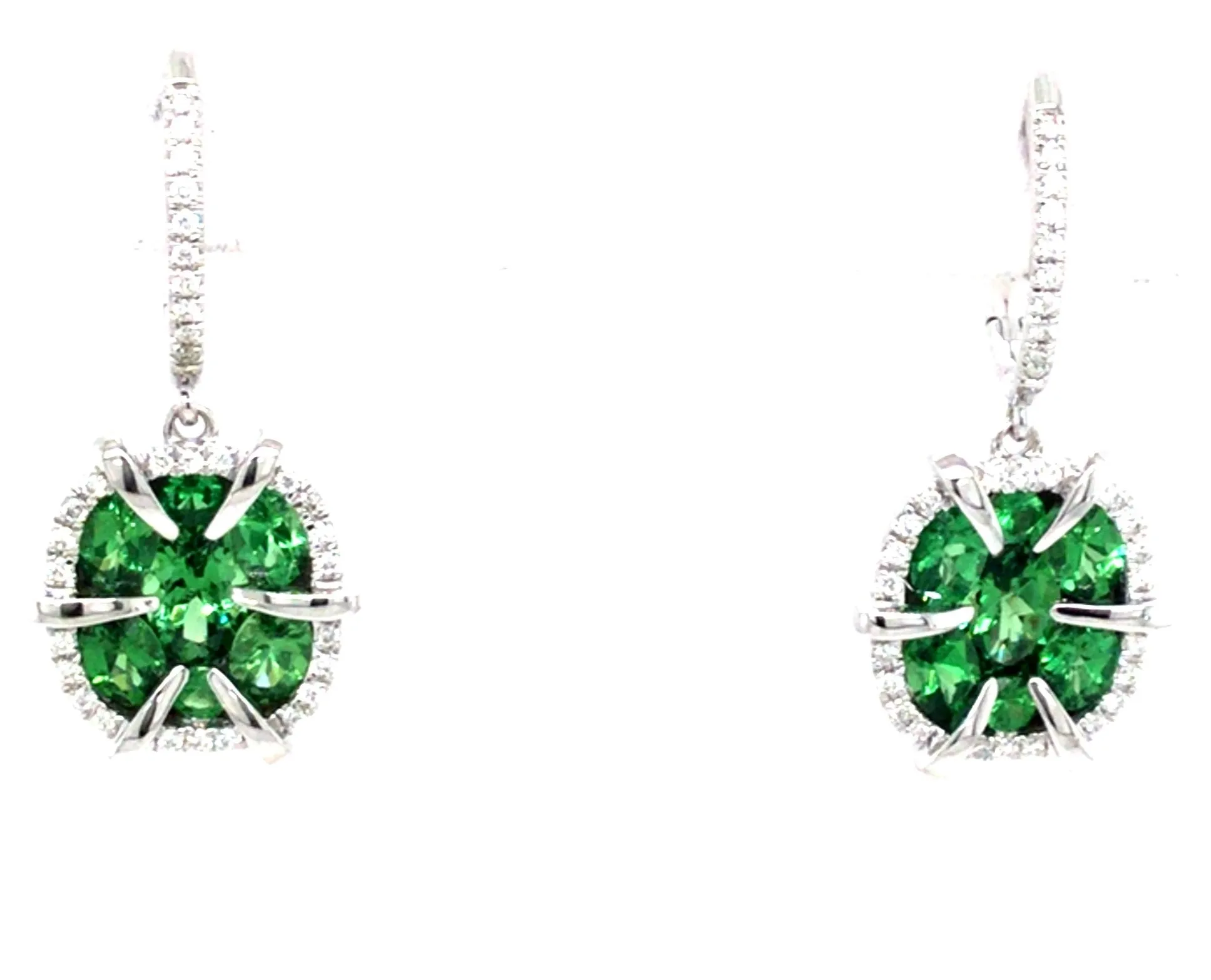 14K White Tsavorite Garnet and Natural Diamond Dangle Earrings