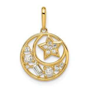 14k Yellow Gold Open Back Polished Finish Cubic Zirconia Stone Star & Moon Design Charm Pendant