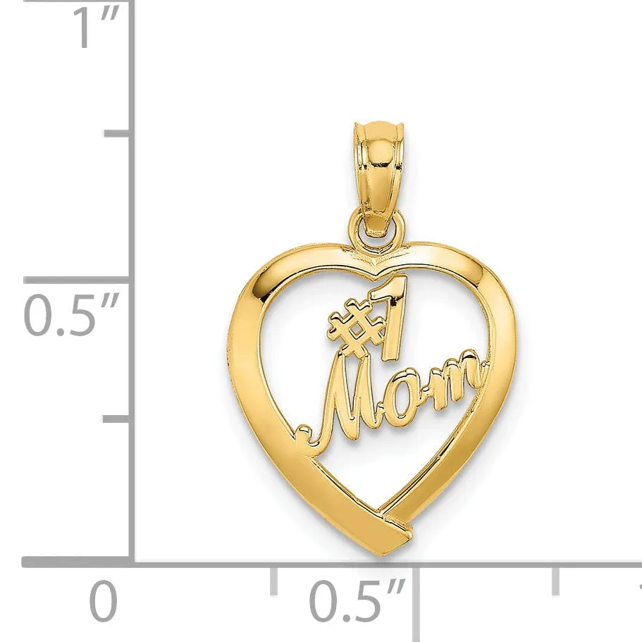 14K Yellow Gold Solid Polished Finish #1 MOM in Heart Shape Design Charm Pendant