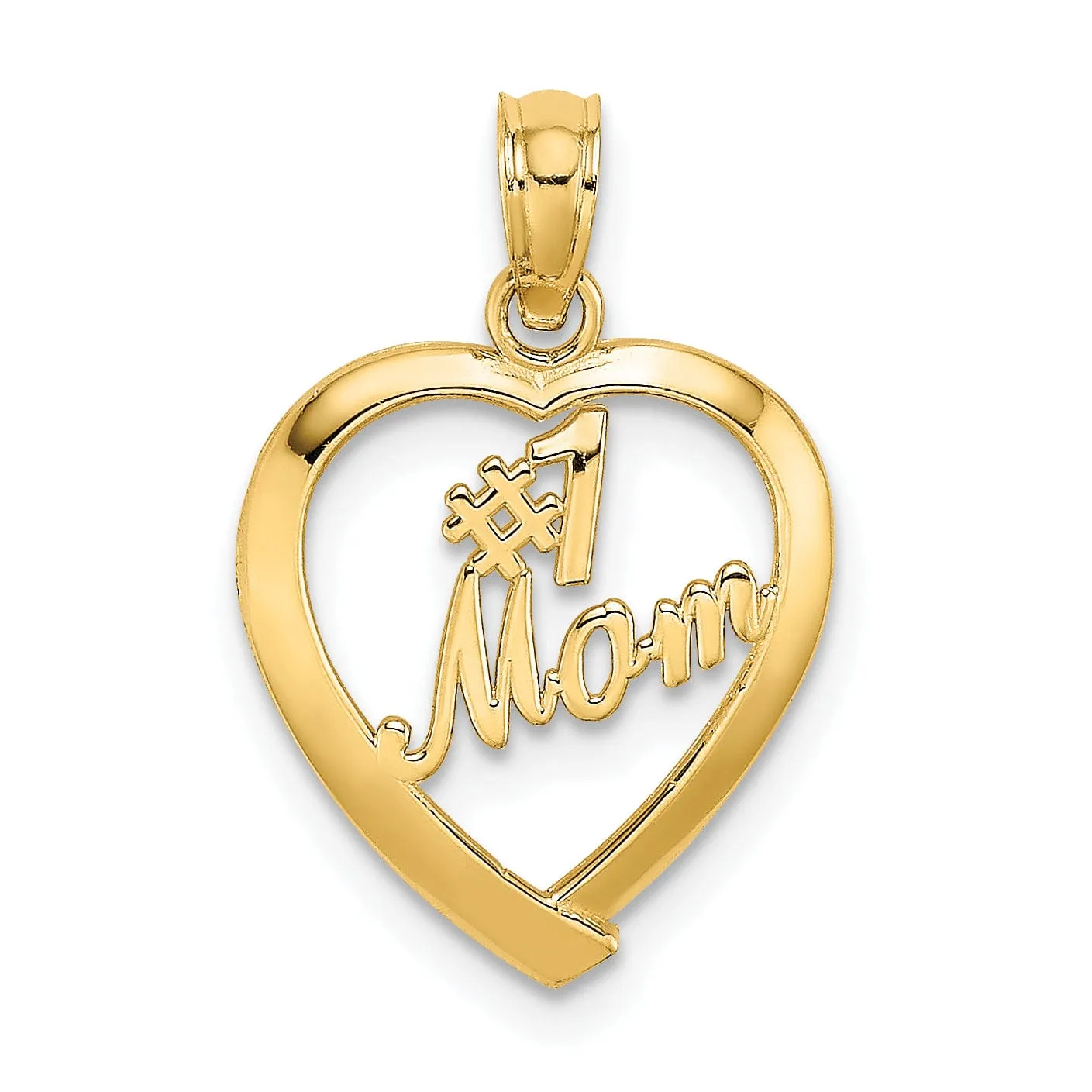 14K Yellow Gold Solid Polished Finish #1 MOM in Heart Shape Design Charm Pendant