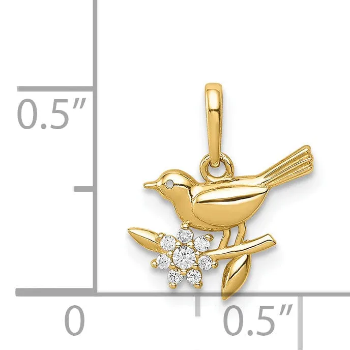 14K Yellow Gold Solid Polished Finish Open Back Bird on a Branch with Cubic Zirconia Stone Design Charm Pendant