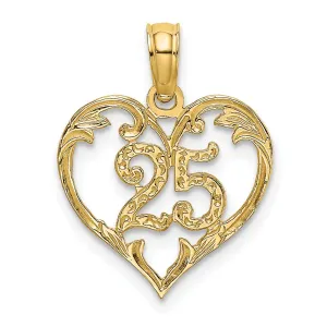 14K Yellow Gold Solid Polished Textured Finish Age 25 In Heart Shape Design Charm Pendant