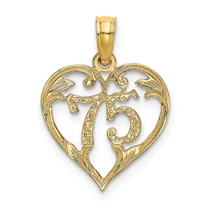 14K Yellow Gold Solid Polished Textured Finish Age 75 In Heart Shape Design Charm Pendant