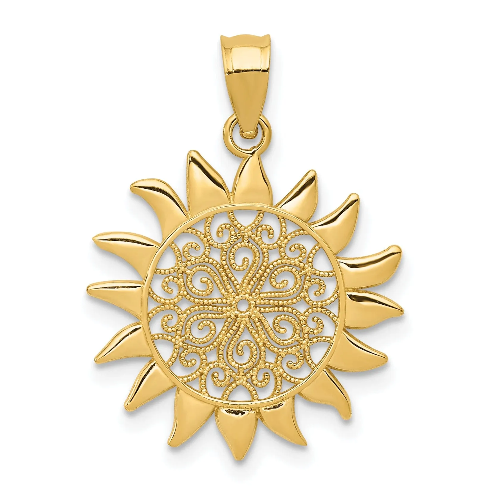 14k Yellow Gold Solid Textured Polished Finish Filigree Sun Design Charm Pendant