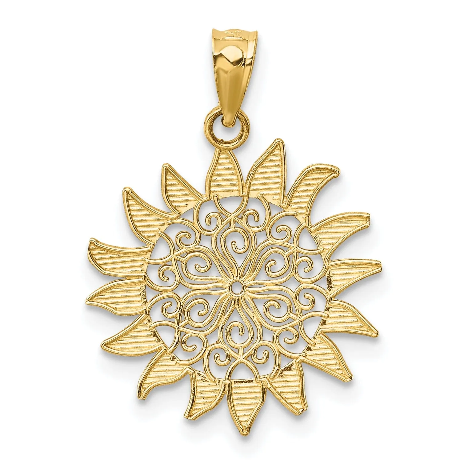 14k Yellow Gold Solid Textured Polished Finish Filigree Sun Design Charm Pendant