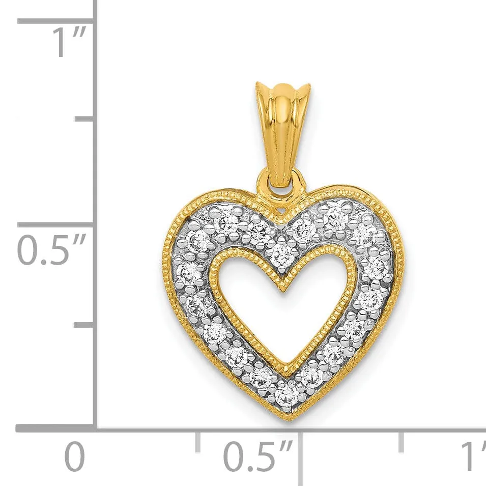 14k Yellow Gold, White Rhodium Beaded Tectured Polished Finish 1/4-ct Round Diamond Heart Design Charm Pendant