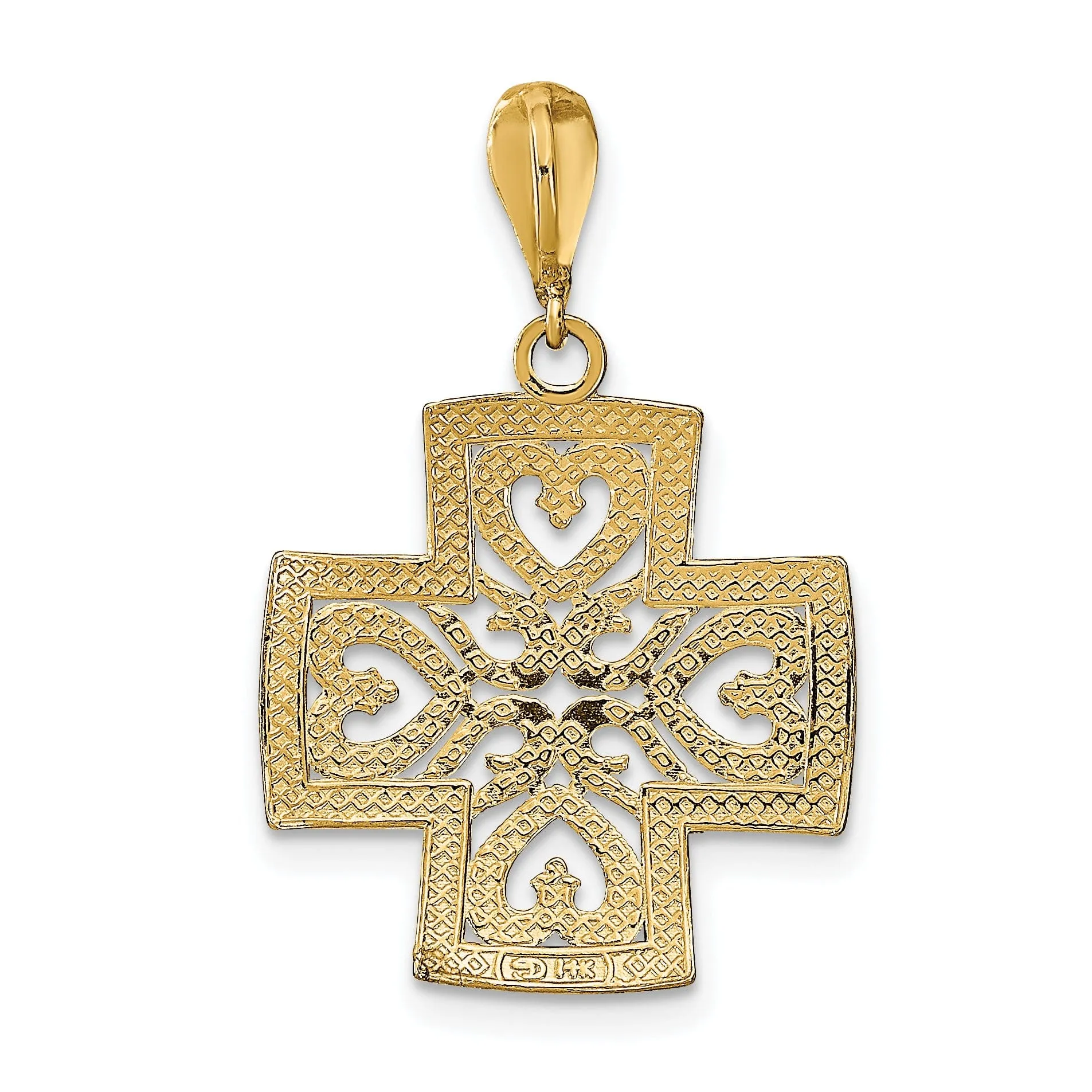 14K Yellow Gold, White Rhodium Large Size Filigree Polished Diamond Cut Finish Hearts Design Maltese Cross Pendant