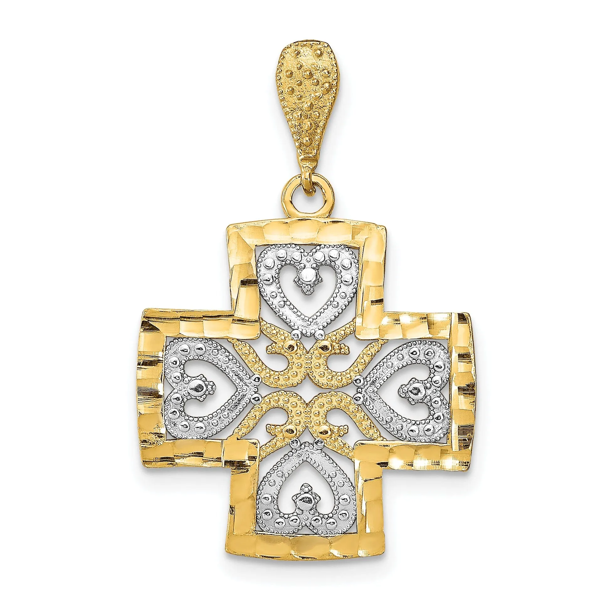 14K Yellow Gold, White Rhodium Large Size Filigree Polished Diamond Cut Finish Hearts Design Maltese Cross Pendant