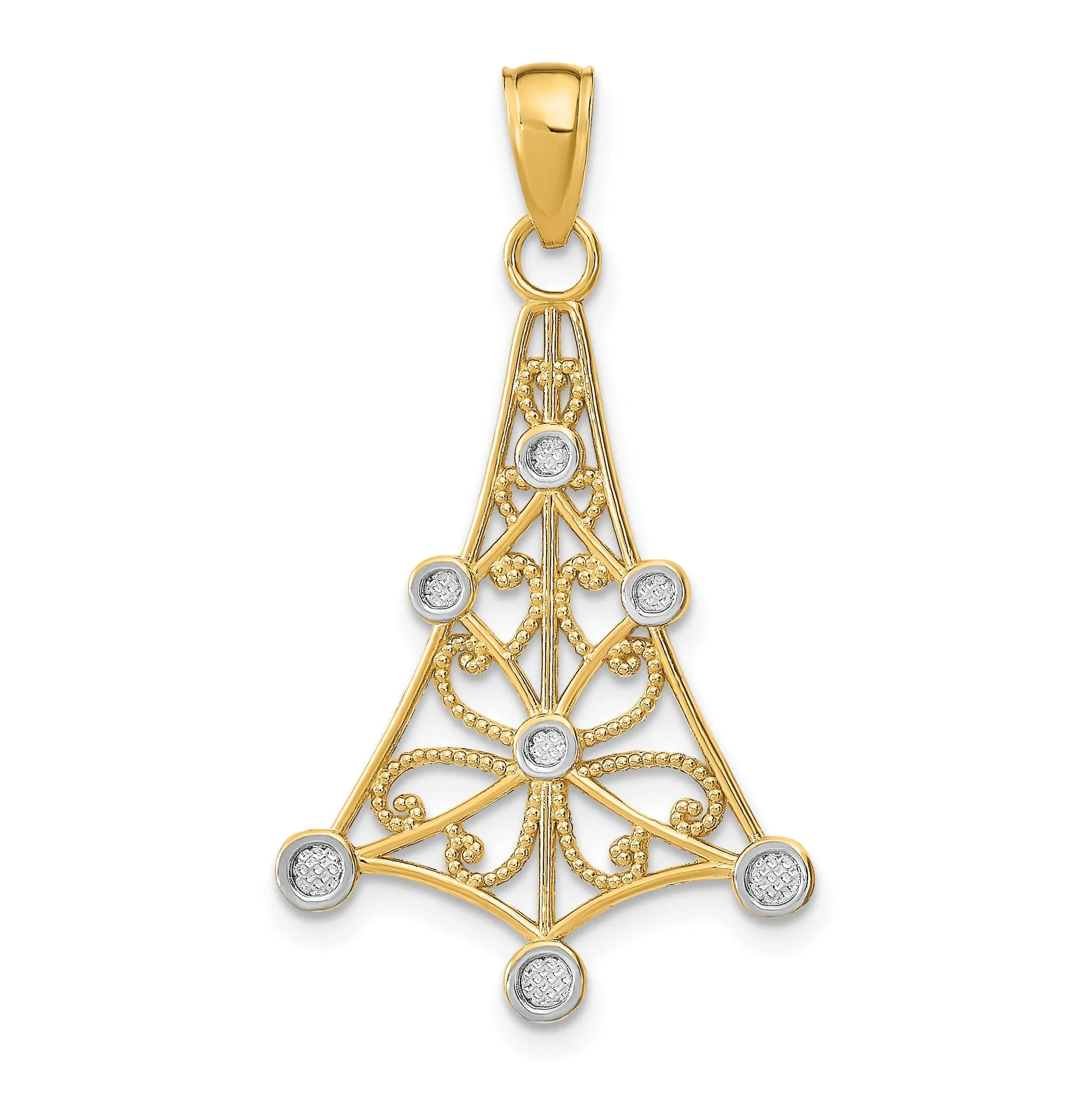 14K Yellow Gold, White Rhodium Polished Beaded Textured Finish Filigree Chandellier Pendant