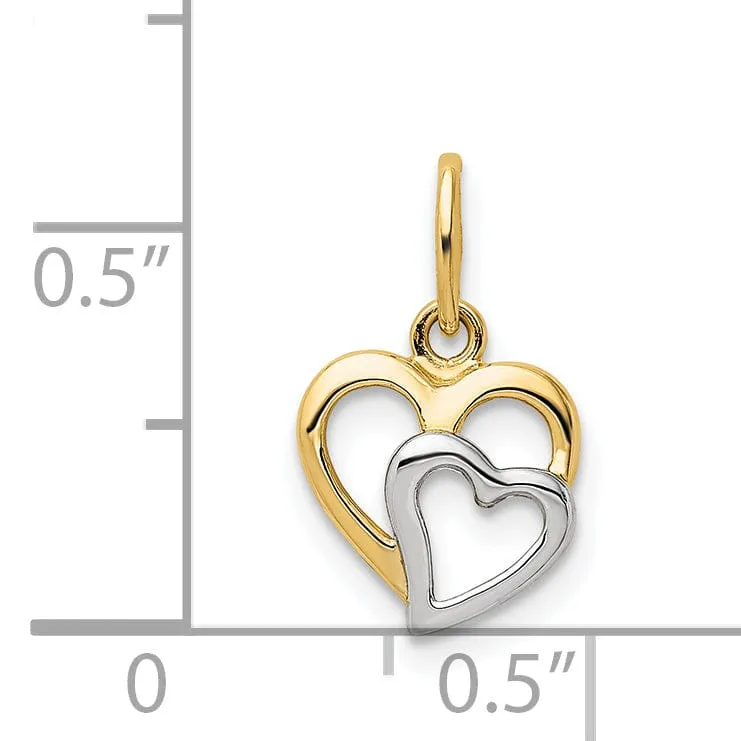 14K Yellow Gold, White Rhodium Polished Fiinish Closed Back Two Hearts inter-Connected Design Charm Pendant