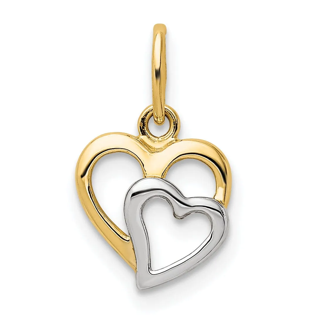 14K Yellow Gold, White Rhodium Polished Fiinish Closed Back Two Hearts inter-Connected Design Charm Pendant