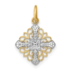 14K Yellow Gold, White Rhodium Polished Finish Filigree Medallion Design Pendant