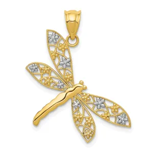 14k Yellow Gold White Rhodium Solid Open Back Polished Finish Filigree Design Dragonfly Charm Pendant