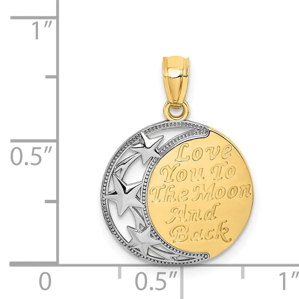 14K Yellow Gold White Rhodium Solid Polished Textured Finish LOVE YOU TO THE MOON AND BACK Discription Moon Design Charm Pendant