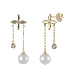 14K Yellow Grade A A Cultured Fresh Water Pearl and Natural Diamond Earrings