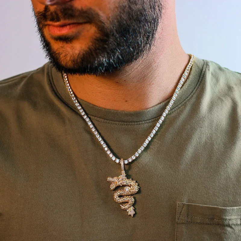 18K Iced Out Dragon Pendant Necklace Set in Gold