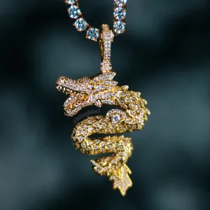 18K Iced Out Dragon Pendant Necklace Set in Gold