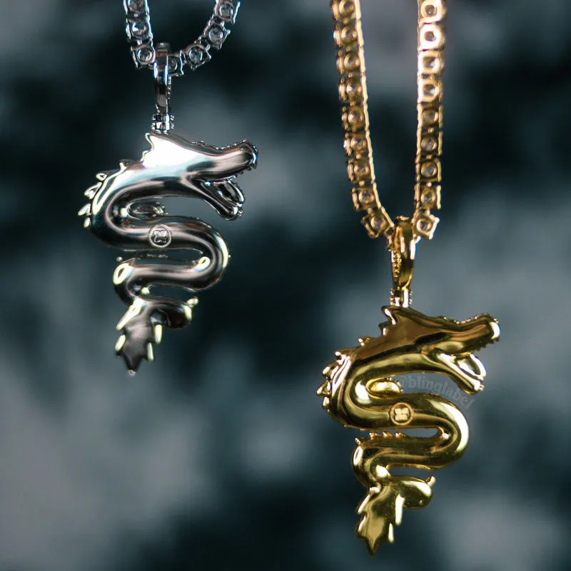 18K Iced Out Dragon Pendant Necklace Set in Gold