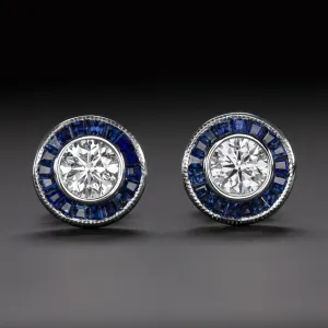 1ct CERTIFIED DIAMOND SAPPHIRE STUD EARRINGS ART DECO STYLE ROUND CALIBRE HALO