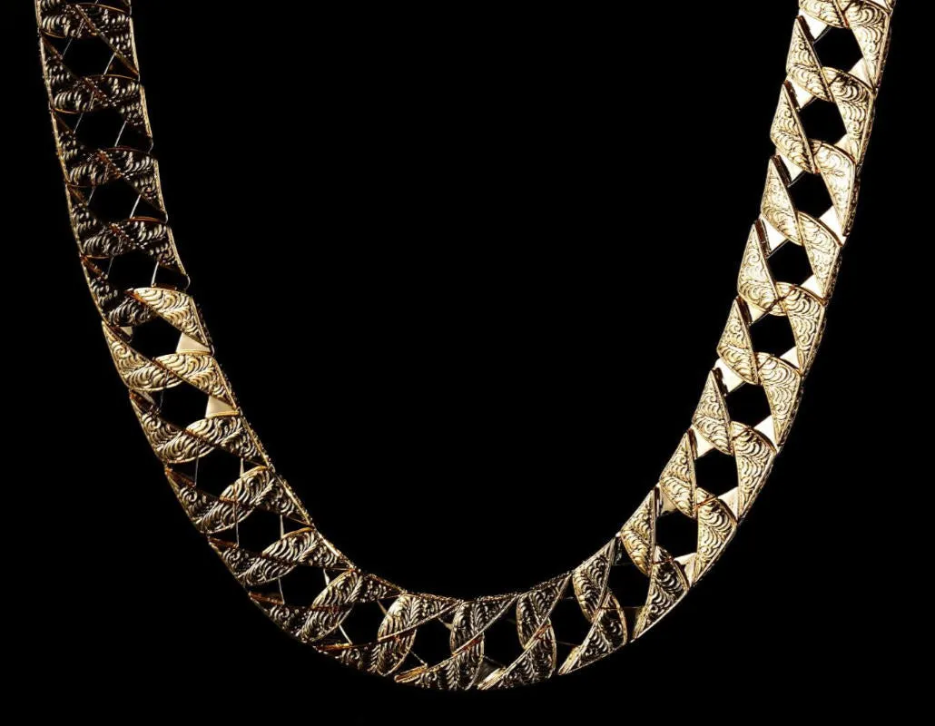 26mm Gold Lizard Ornate Chaps Cuban Curb Chain 26 Inch