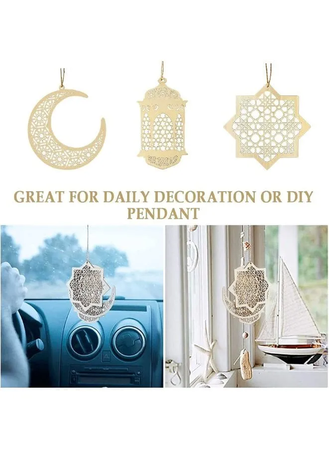 3 Pieces Wooden Hollow Pendant Ornament Eid Ramadan Festive DIY Decorations with Hanging Moon Star Wind Light Shape Ornament for Eid Mubarak, Home Wedding Party