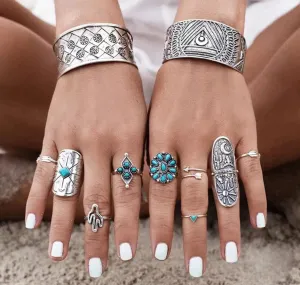 9pc Southwest desert turquoise ring set