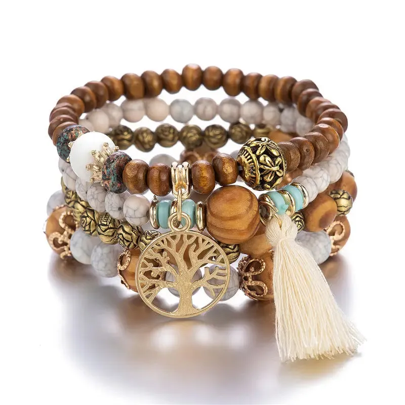 Add a touch of style with our Boho Bracelet Set: Handmade Wood Beads, Tree of Life Charms, Perfect for Bohemian Chic!