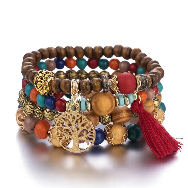 Add a touch of style with our Boho Bracelet Set: Handmade Wood Beads, Tree of Life Charms, Perfect for Bohemian Chic!