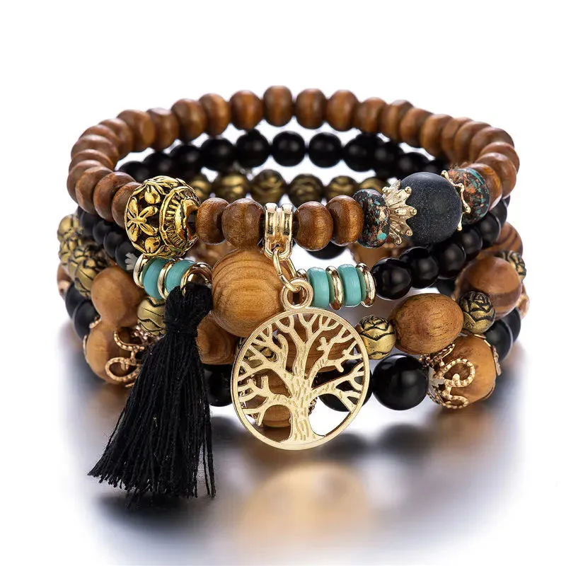 Add a touch of style with our Boho Bracelet Set: Handmade Wood Beads, Tree of Life Charms, Perfect for Bohemian Chic!