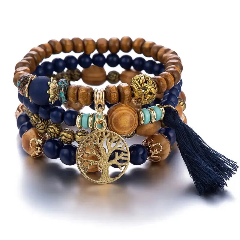 Add a touch of style with our Boho Bracelet Set: Handmade Wood Beads, Tree of Life Charms, Perfect for Bohemian Chic!