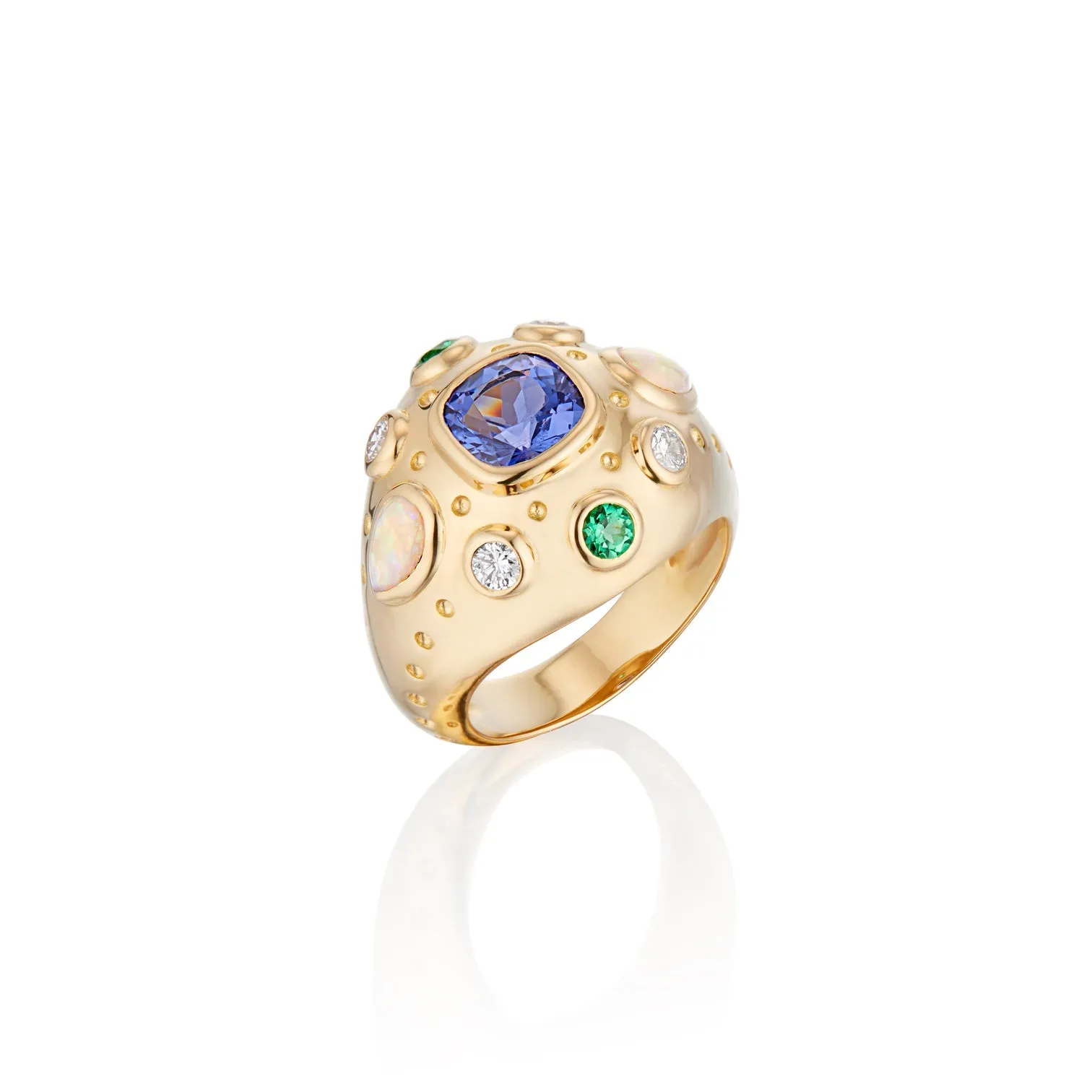 Aster Dome Ring with Tanzanite, Diamonds, Emeralds and Opal Gemstones