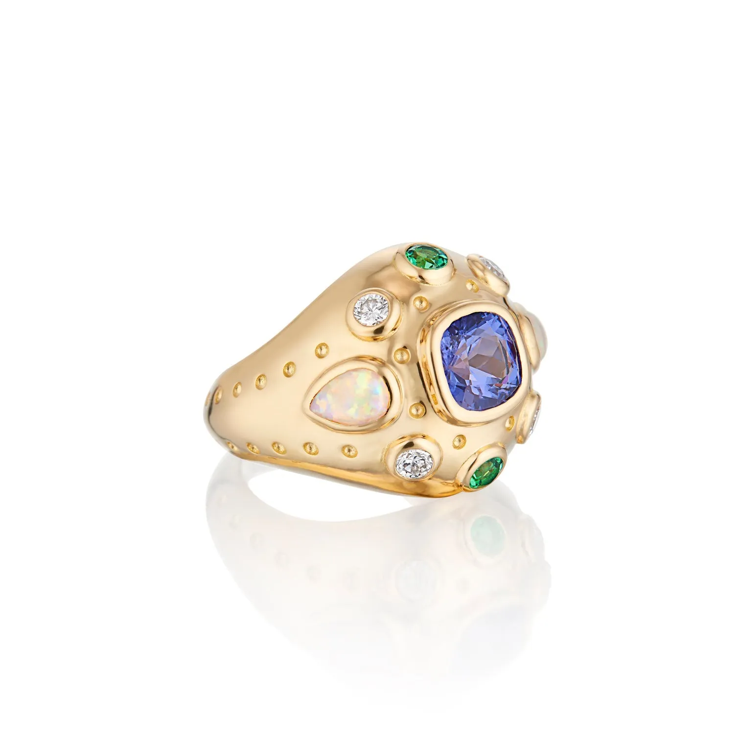 Aster Dome Ring with Tanzanite, Diamonds, Emeralds and Opal Gemstones