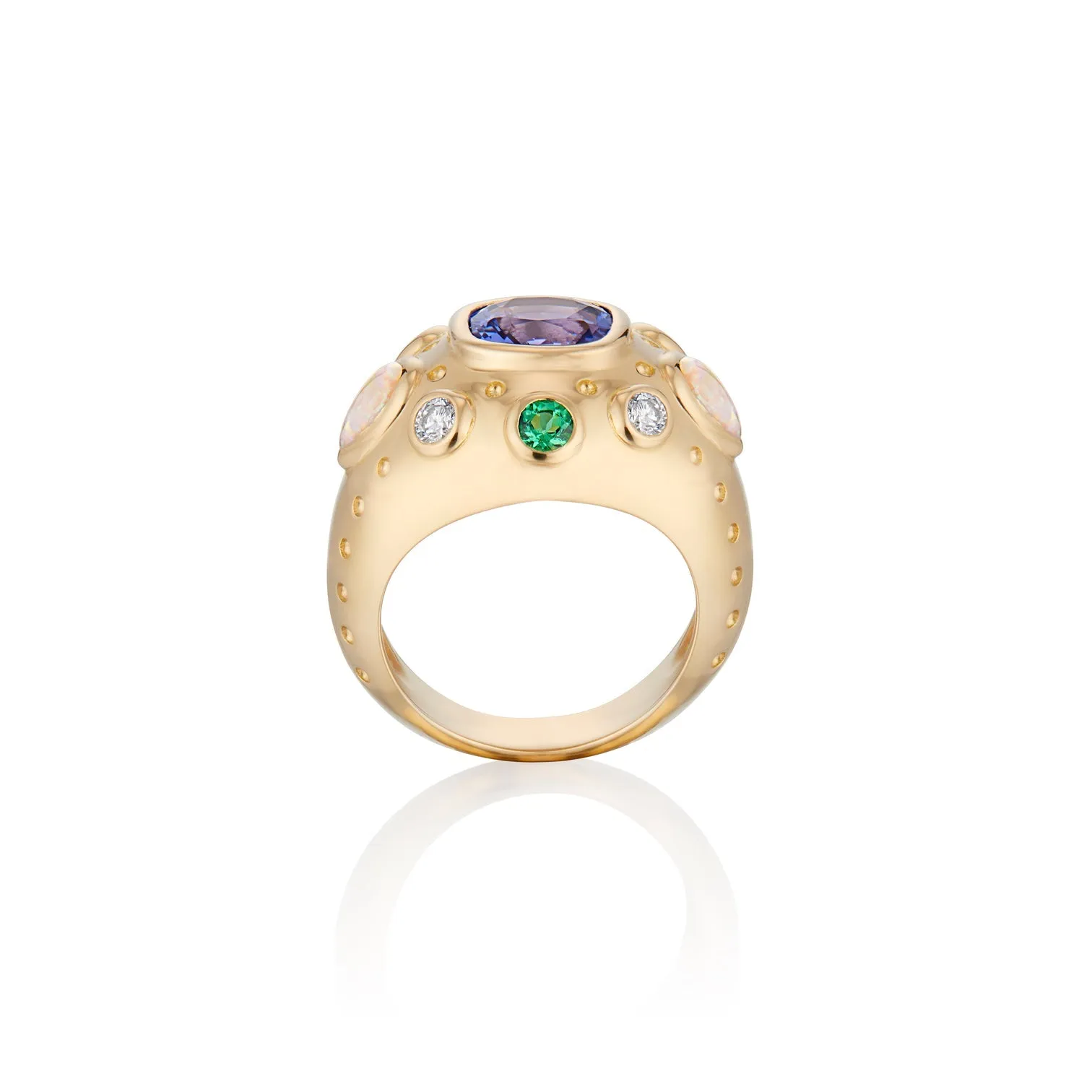 Aster Dome Ring with Tanzanite, Diamonds, Emeralds and Opal Gemstones