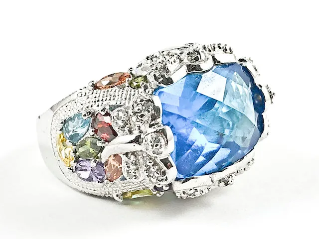 Beautiful Rectangle Shape Aquamarine Center CZ With Multi Color Mosaic Detailed CZ Silver Ring