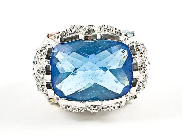 Beautiful Rectangle Shape Aquamarine Center CZ With Multi Color Mosaic Detailed CZ Silver Ring