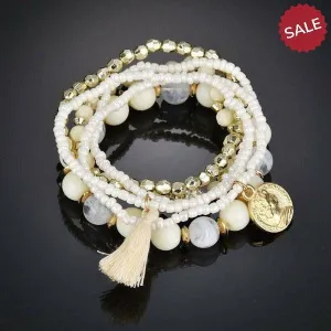 Beige Beads 6 Piece Bohemia Style Multi-layer Gold Coin Tassel Bracelet