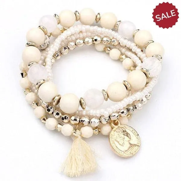 Beige Beads 6 Piece Bohemia Style Multi-layer Gold Coin Tassel Bracelet